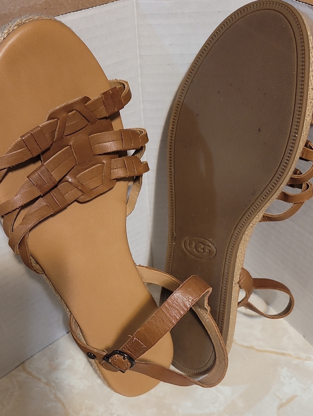 UGG Women's Brown Leather Woven Strap Sandals